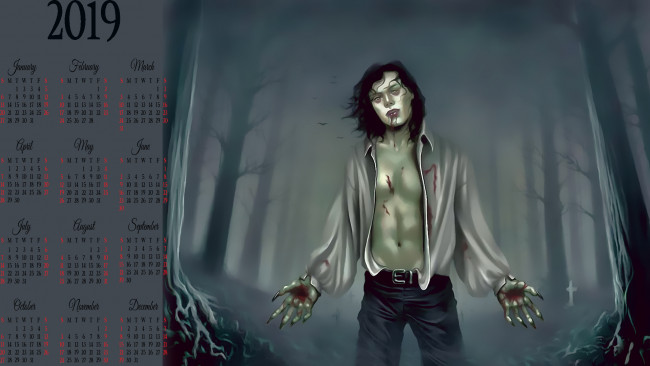 Обои картинки фото календари, фэнтези, кровь, дерево, лес, мужчина, вампир