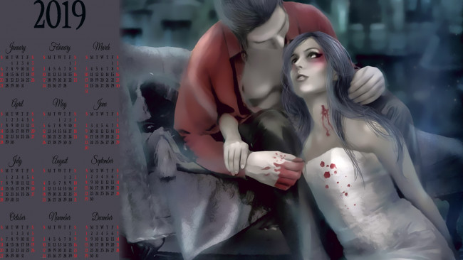 Обои картинки фото календари, фэнтези, мужчина, девушка, укус, кровь