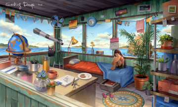 Картинка рисованное дети девочка комната море