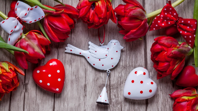 Обои картинки фото праздничные, день святого валентина,  сердечки,  любовь, тюльпаны, бутоны, банты, сердечки, голубь