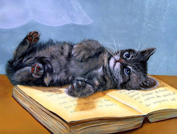 Обои картинки фото рисованное, животные,  коты, котенок, книга