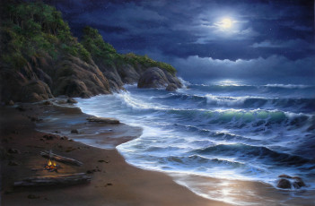 Картинка night lights рисованные природа костер море ночь