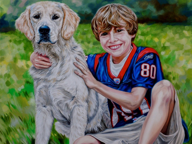 Обои картинки фото kathy, stark, рисованные, мальчик, собака