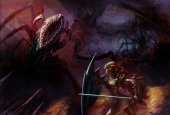 Картинка фэнтези красавицы чудовища меч монстр чудовище существо амазонка воительница щит девушка сражение