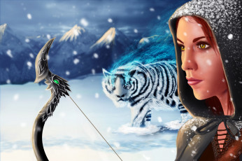 Картинка фэнтези красавицы чудовища девушка тигр снег зима лук капюшон горы