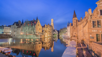 Картинка города брюгге+ бельгия огни вечер канал дома