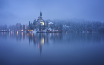 Картинка города блед+ словения туман зима озеро