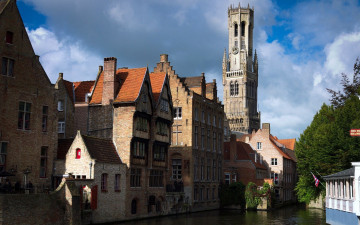 Картинка города брюгге+ бельгия башня дома канал