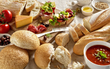 Картинка еда хлеб +выпечка сыр колбаса маслины выпечка бутерброд томаты помидоры