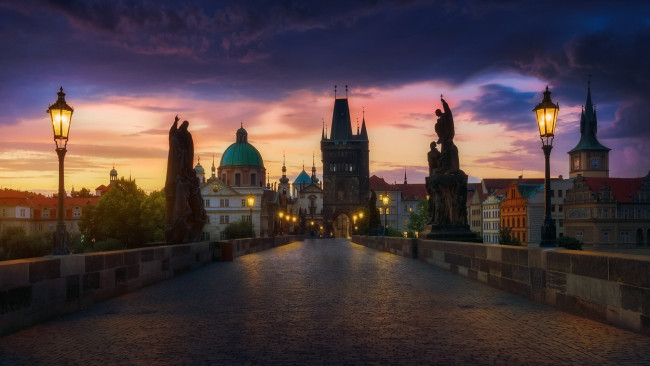 Обои картинки фото города, прага , Чехия, вечер, прага, свет, небо, утро, мост, город, огни