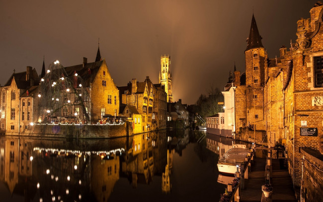 Обои картинки фото города, брюгге , бельгия, канал, дома, вечер, огни