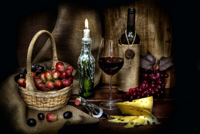 Обои картинки фото еда, натюрморт, виноград, сыр, свеча, вино