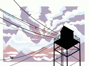 Картинка векторная+графика другое+ other небо облака горы птицы провода станция