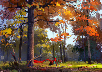 Картинка рисованное люди лес осень всадница