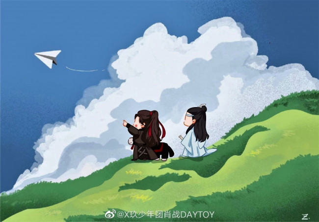 Обои картинки фото аниме, mo dao zu shi, вэй, усянь, лань, ванцзи, самолетик, облако