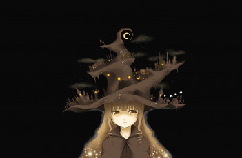 обоя аниме, halloween, magic, ночь, город, шляпа, девочка, ведьма