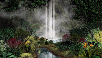 Картинка 3д графика nature landscape природа водопад в лесу