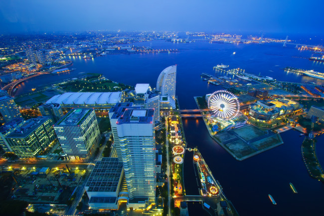 Обои картинки фото йокогама, Япония, города, чертово, колесо, ночь, залив, небоскребы