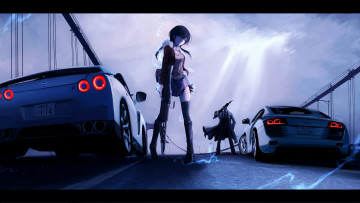 Картинка by terabyte rook777 аниме weapon blood technology девушка мужчина дорога машина оружие небо тучи