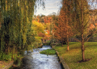 Картинка природа парк краски забор река осень