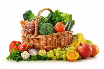 обоя еда, фрукты и овощи вместе, фрукты, овощи, корзина
