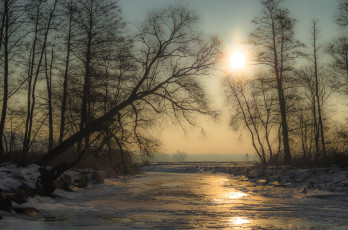 Картинка природа зима деревья река лед снег солнце вечер