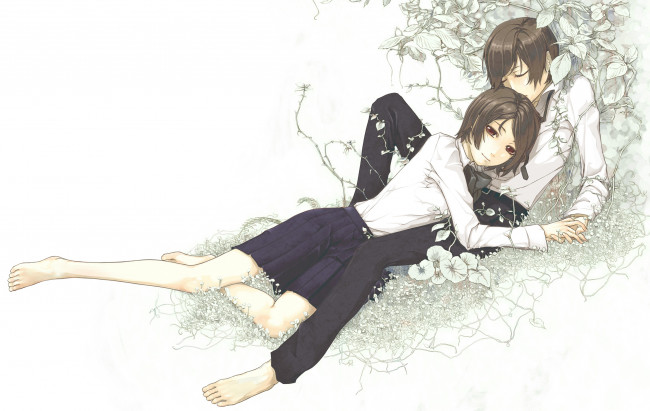 Обои картинки фото аниме, *unknown , другое, парень, девушка, белый, фон, двое, лежат, листва