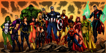 обоя рисованное, комиксы, spider-man, iron, man, black, widow, captain, america, spider-woman, thor, she-hulk, doctor, strange, hulk