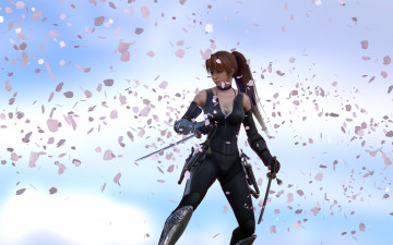 Картинка 3д+графика аниме+ anime взгляд фон лепестки сакура оружие девушка