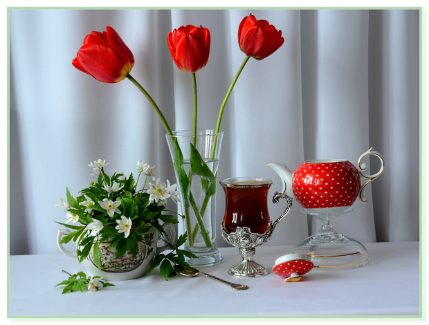 Обои картинки фото еда, натюрморт, тюльпаны, чай