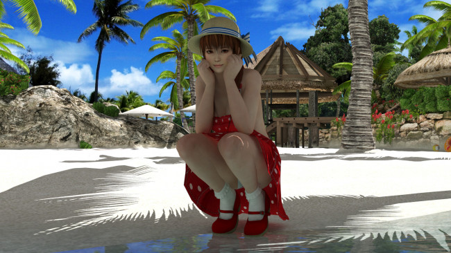 Обои картинки фото 3д графика, аниме , anime, девушка, шляпа, взгляд, фон, пальмы