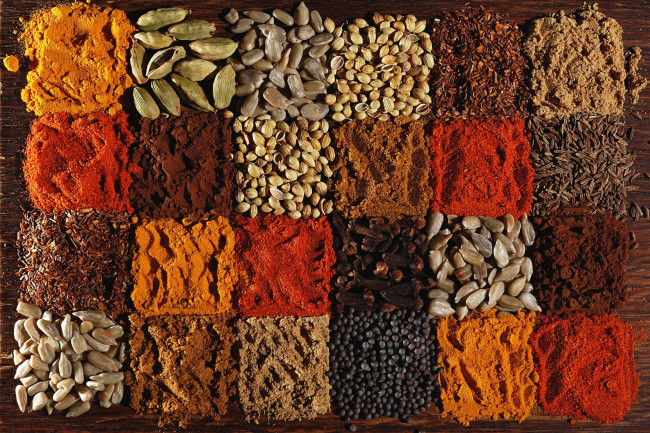 Обои картинки фото еда, крупы,  зерно,  специи,  семечки, кориандр, семечки, кардамон, паприка, куркума, гвоздика, тмин, перец, специи