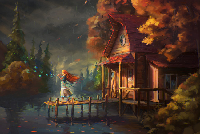 Обои картинки фото рисованное, живопись, флейта, девушка, река, лес, дом, вода