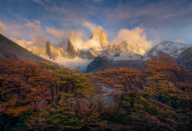 Обои картинки фото природа, горы, анды, утро, осень, южная, америка, патагония, пики, краски, деревья