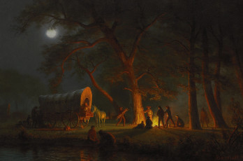 Картинка рисованное живопись орегонская тропа альберт бирштадт люди картина повозка ночлег жанровая