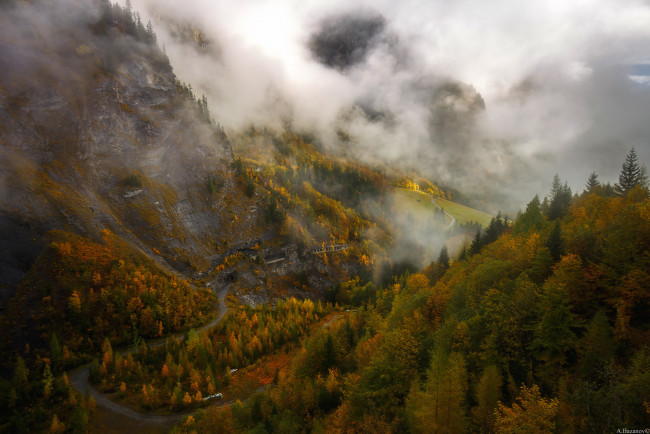 Обои картинки фото природа, горы, базанов, андрей, швейцария, облака, дорога, лес, туман