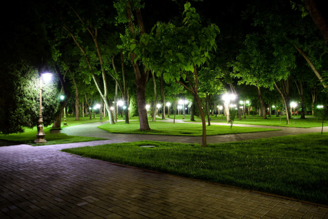 Обои картинки фото природа, парк, деревья, вечер, аллеи, фонари