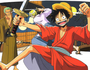 обоя аниме, one piece, шляпа, персонажи, оружие, мечи, кимоно