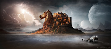 Картинка фэнтези фотоарт гроза молния замок люди пустыня автомобиль горы лошадь голова конь