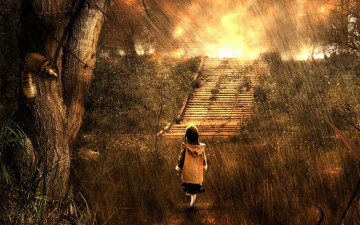 Картинка фэнтези фотоарт ребенок трава тараканы дождь лестница деревья