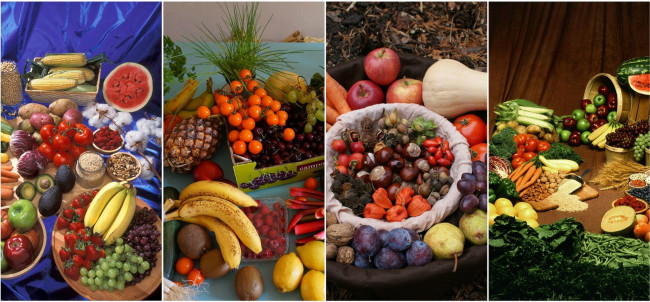 Обои картинки фото еда, натюрморт, фрукты, коллаж, мороквь, слива, ананас, виноград, бананы, яблоки, помидоры, томаты, картошка, картофель, кукуруза, арбуз