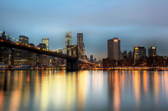 Картинка города нью-йорк+ сша небо река мост огни дома здания небоскребы