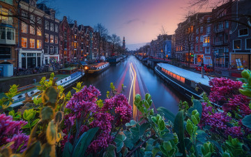 Картинка города амстердам+ нидерланды канал огни вечер