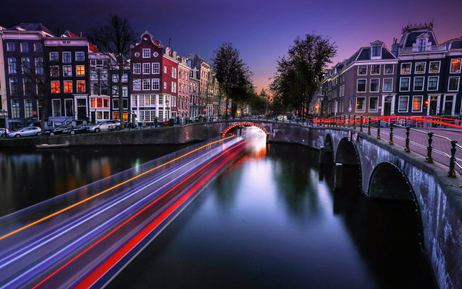Обои картинки фото города, амстердам , нидерланды, огни, вечер, мост