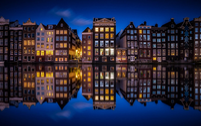 Обои картинки фото города, амстердам , нидерланды, вечер, канал, огни