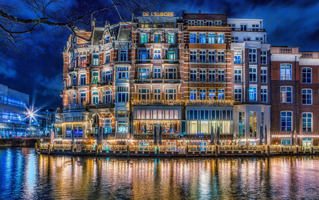 Обои картинки фото города, амстердам , нидерланды, вечер, огни, канал