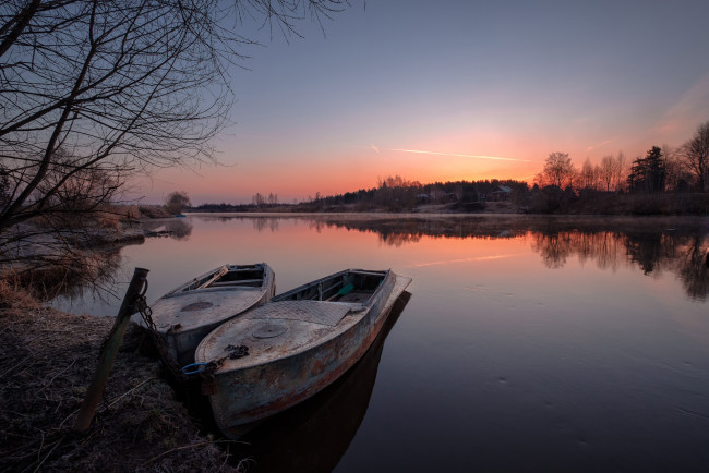 Обои картинки фото корабли, лодки,  шлюпки, река, закат