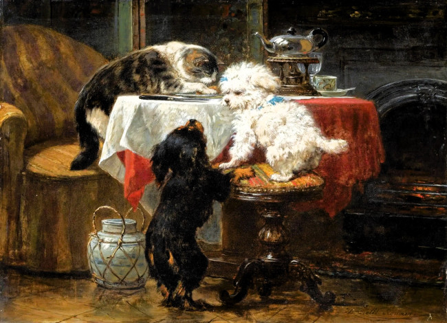 Обои картинки фото рисованное, henriette ronner-knip, собаки, кошка, стол, посуда, кресло, табурет