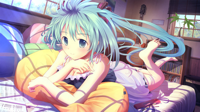 Обои картинки фото аниме, vocaloid, девушка, лежит, отдых, комната, солнце, гитара, записи, ноты, подушка