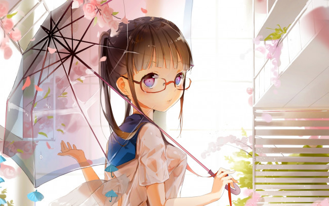 Обои картинки фото аниме, *unknown, другое, очки, цветы, зонтик, anmi